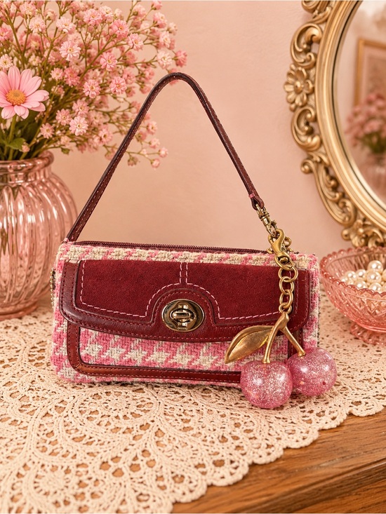 Coach Handbags - Coach Houndstooth Tweed Leather Suede Turnlock Wristlet Accessory Mini Bag Wool